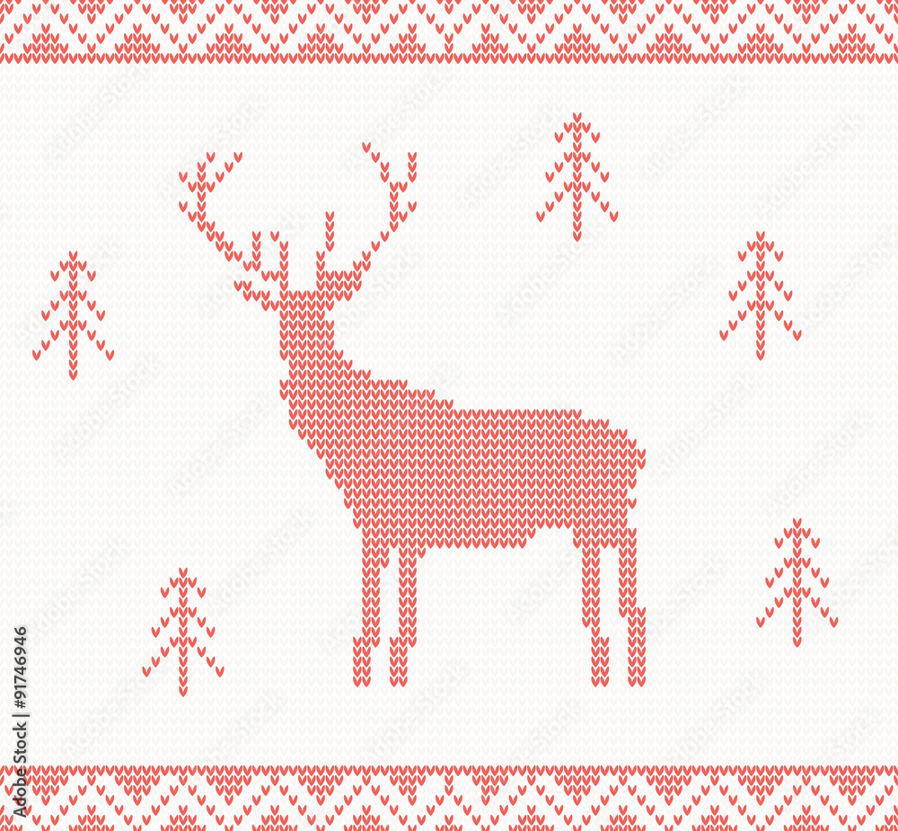 Christmas Knitted background with deer, trees and ornament Christmas Knitted background with deer, trees and ornament