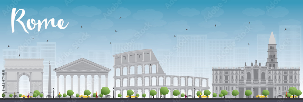 Rome skyline with grey landmarks and blue sky