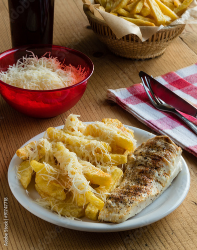 poato fries with cheese and grilled chicken photo