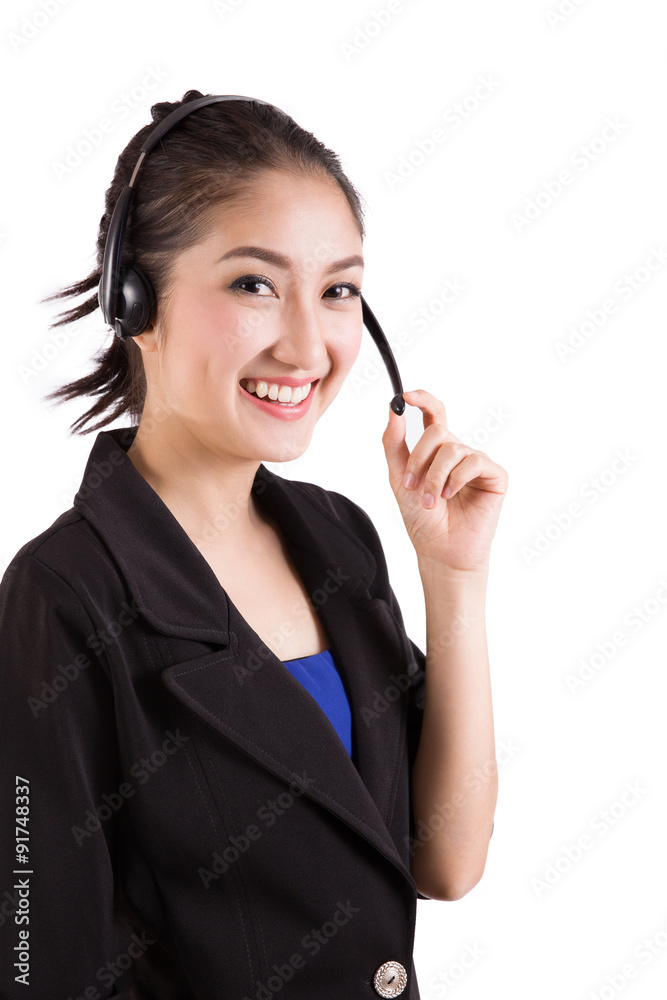 Asian women call center with phone headset with white background Asian women call center with phone headset with white background