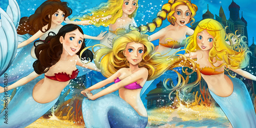 Cartoon scene of many mermaids underwater swimming together - illustration for children