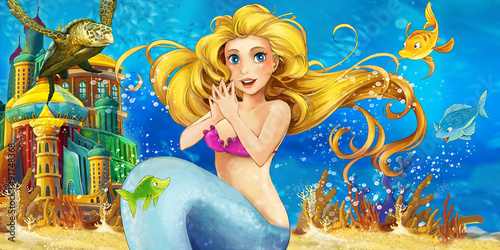 Cartoon scene of a mermaid sitting in front of an underwater castle - illustration for children