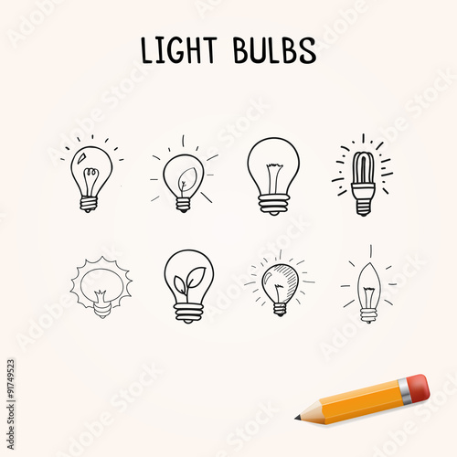Set of Hand-drawn light bulbs, doodle icons