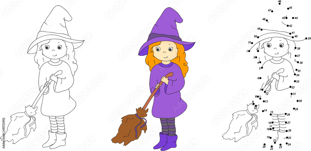 Cute and nice witch with broom. Vector illustration. Coloring an
