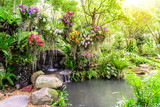 Beautiful orchid garden with waterfall.