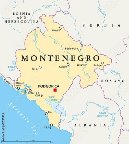 Montenegro political map with capital Podgorica, national borders, important cities, rivers and lakes. English labeling and scaling. Illustration. photo