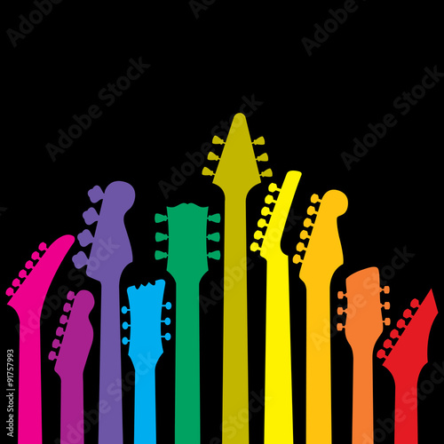 A vector background with a rainbow of Guitar headstocks