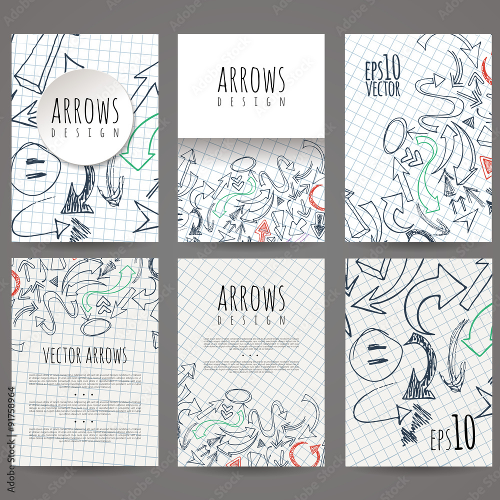 Set of six vector designs of hand-drawn arrow. Cover design Set of six vector designs of hand-drawn arrow. Cover design