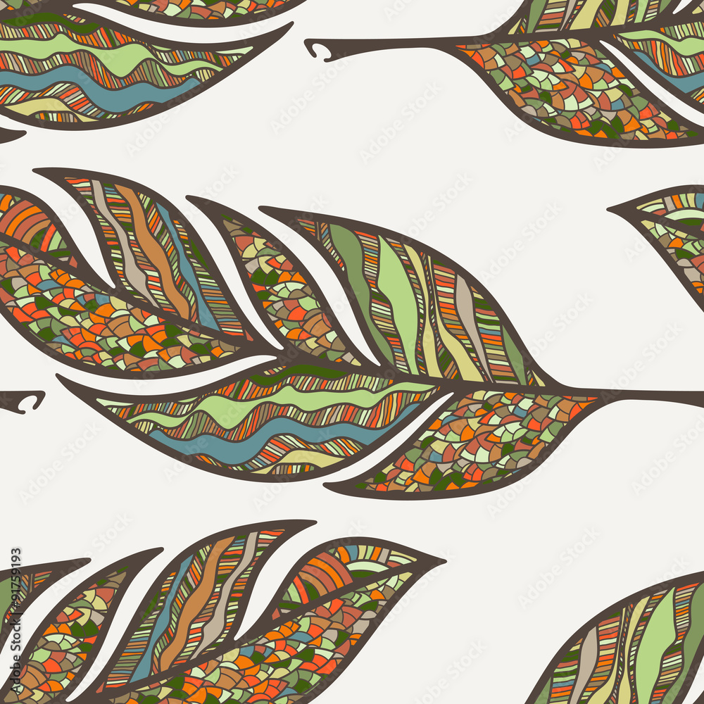 Naklejka premium Vector seamless pattern of feathers. Doodle. Zentangle