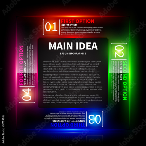 4 colorful glowing options, arranged in a square around the main idea.