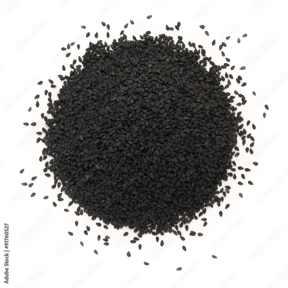Top view of Organic Black Sesame (Sesamum indicum) isolated on white background. Top view of Organic Black Sesame (Sesamum indicum) isolated on white background.