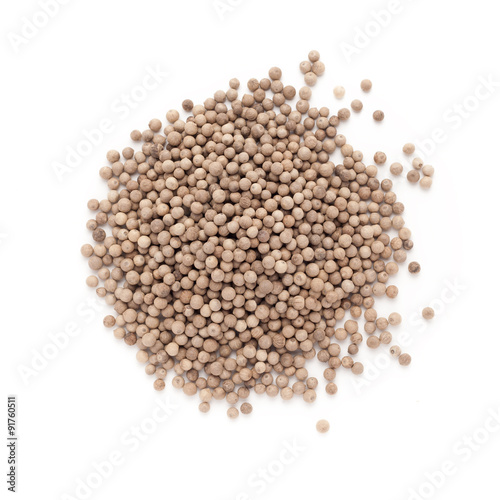 Top view of Organic White Pepper (Piper nigrum) isolated on white background.