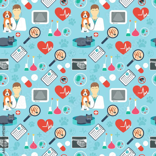 Veterinary seamless pattern. Vet clinic. Flat design. Blue background. Vector