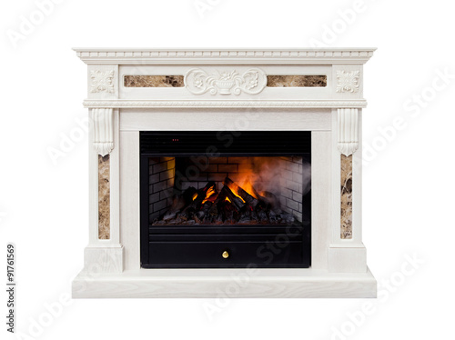 Fotografia, Obraz White artificial electronic fireplace