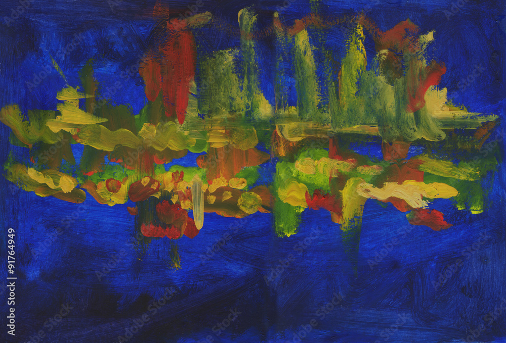 Abstract night landscape with reflection in the river city. Oil painting