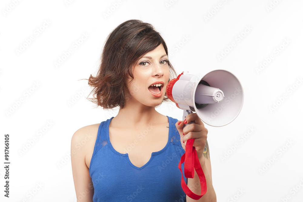 brunette girl with a speaker brunette girl with a speaker