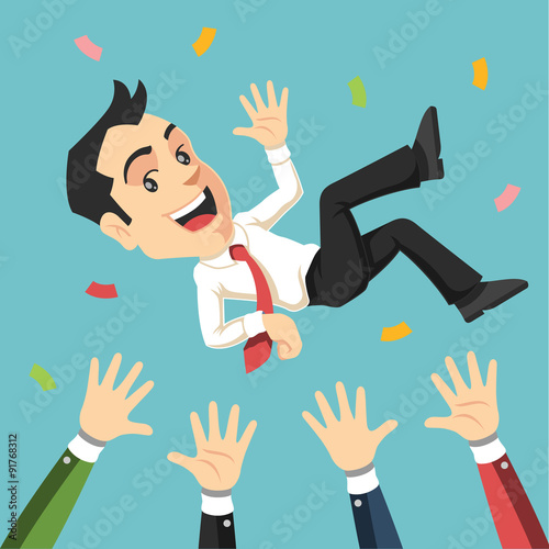 Businessman being thrown in the air. Vector flat illustration