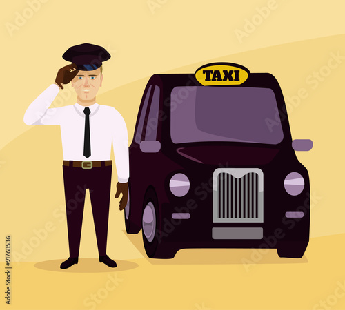 The taxi driver and car. Vector flat illustration