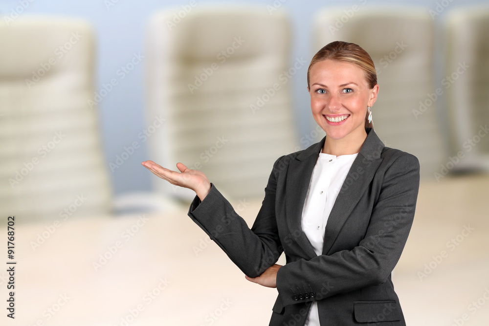 Smiling business woman presenting. Welcome! Smiling business woman presenting. Welcome!
