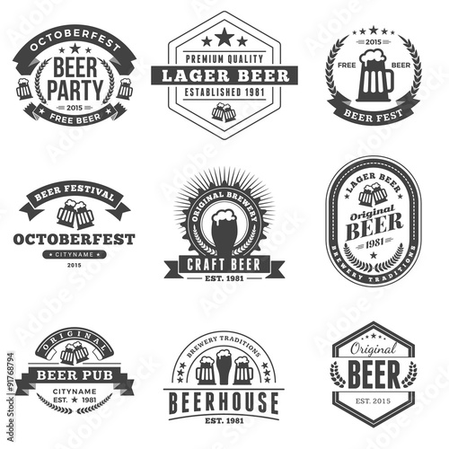 Set of Retro Vintage Beer Badges, Labels, Logos. Black and White Vector Illustration