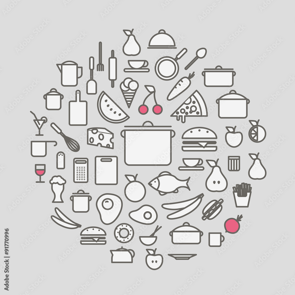 Kitchen tools and meal silhouette icons circle composition. Desi Kitchen tools and meal silhouette icons circle composition. Desi