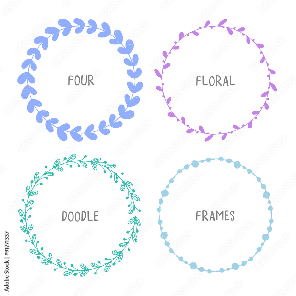 Hand drawn circle doodle floral frames.