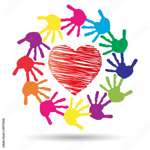 Vector concept circle of hands, red heart love symbol
