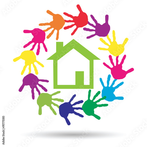 Vector concept circle of hands, green house symbol