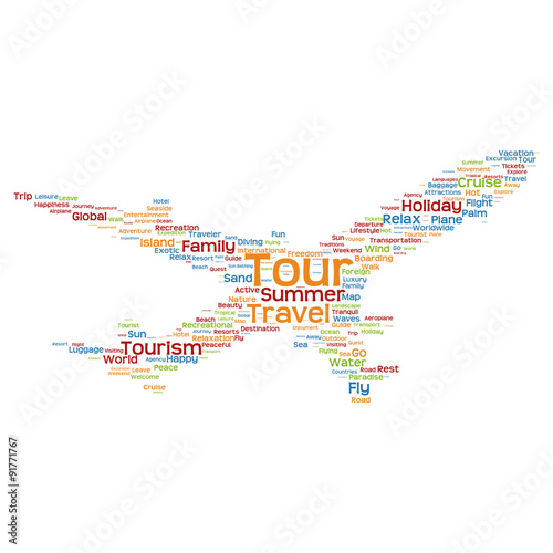 Vector conceptual travel or tourism plane word cloud