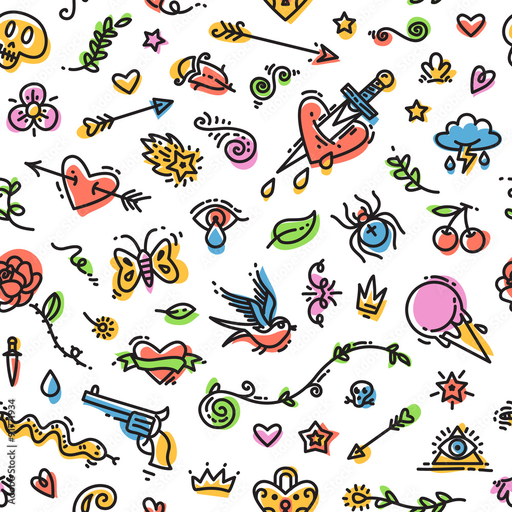 Obraz premium Colorful Funny Old School Tattoo Seamless Pattern
