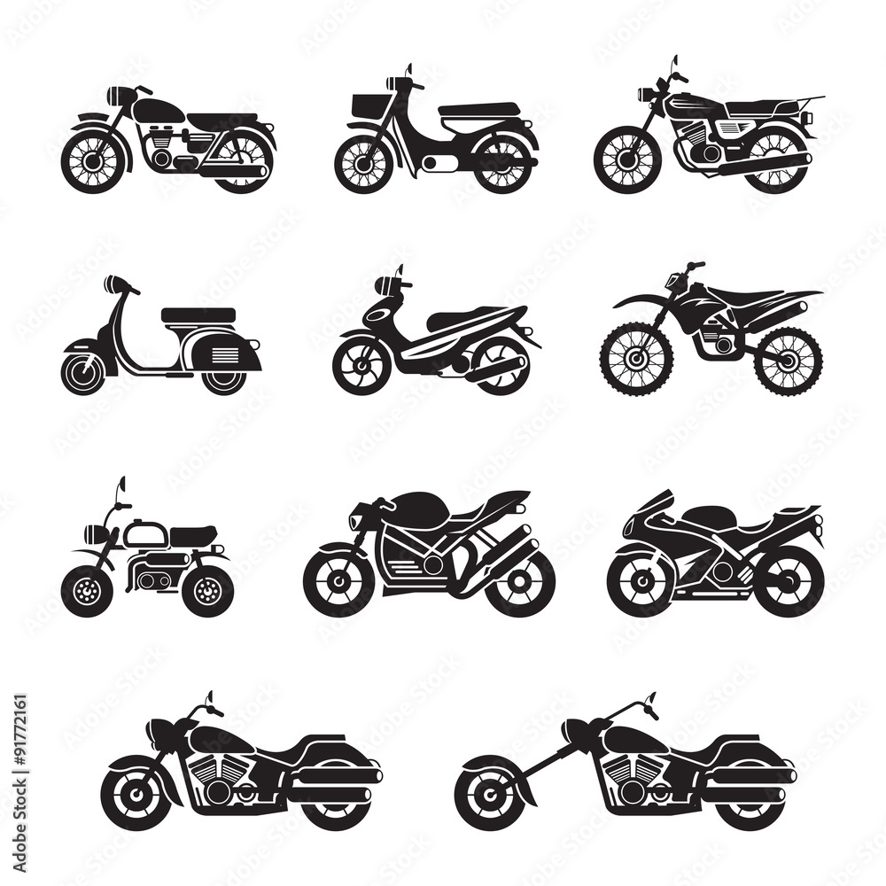 Fototapeta premium Motocykliści, rowerzyści, czarno-biały, sylwetka