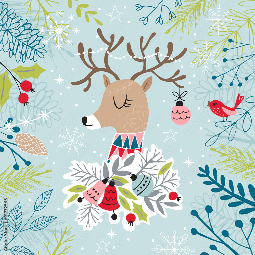Obraz Christmas greeting card design with reindeer. Hand drawing vecto