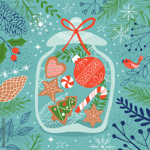 Christmas greeting card design with gingerbread cookies and cand