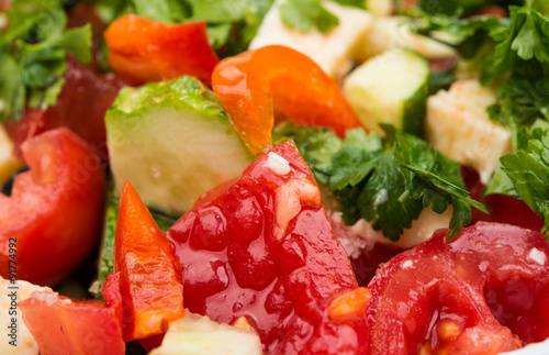 Fresh salad with tomatoes, cucumber and cheese cubes