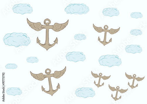 Clouds and winged anchors