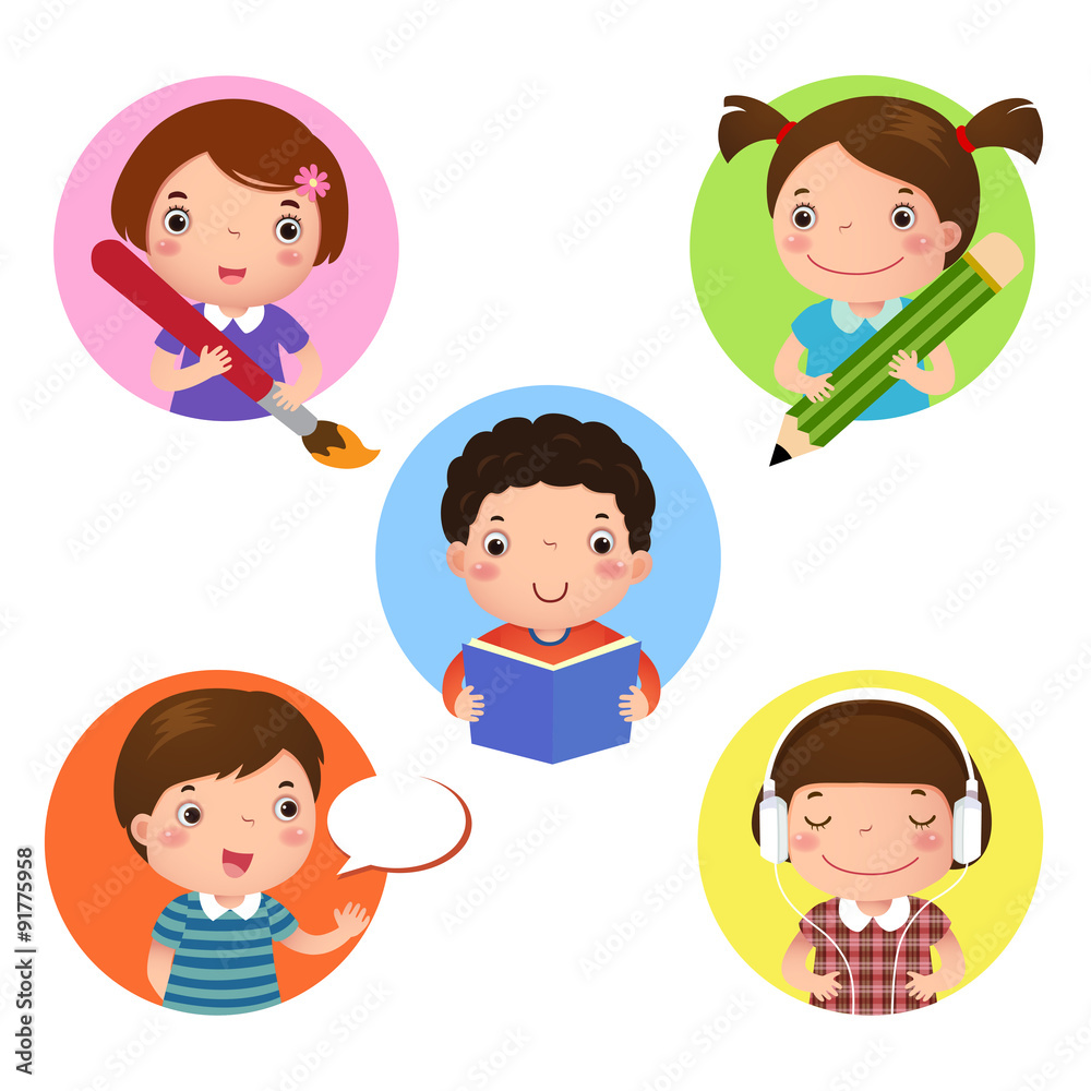 Set of kids mascot learning. Icon for writing, drawing, reading, Set of kids mascot learning. Icon for writing, drawing, reading,