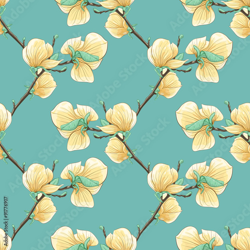 Beautiful seamless background with blooming magnolia tree branches.