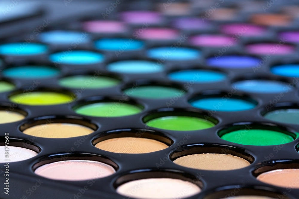 Professional multicolour eyeshadows palette, closed-up Professional multicolour eyeshadows palette, closed-up