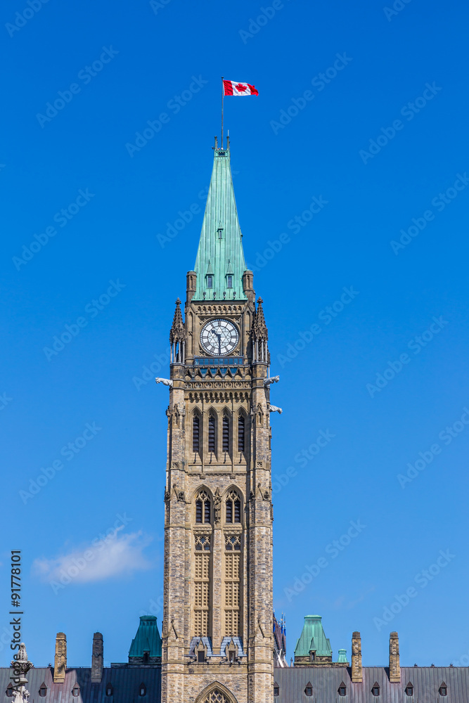 Fototapeta premium Peace tower and tulips at Parliament Building Ottawa Canada