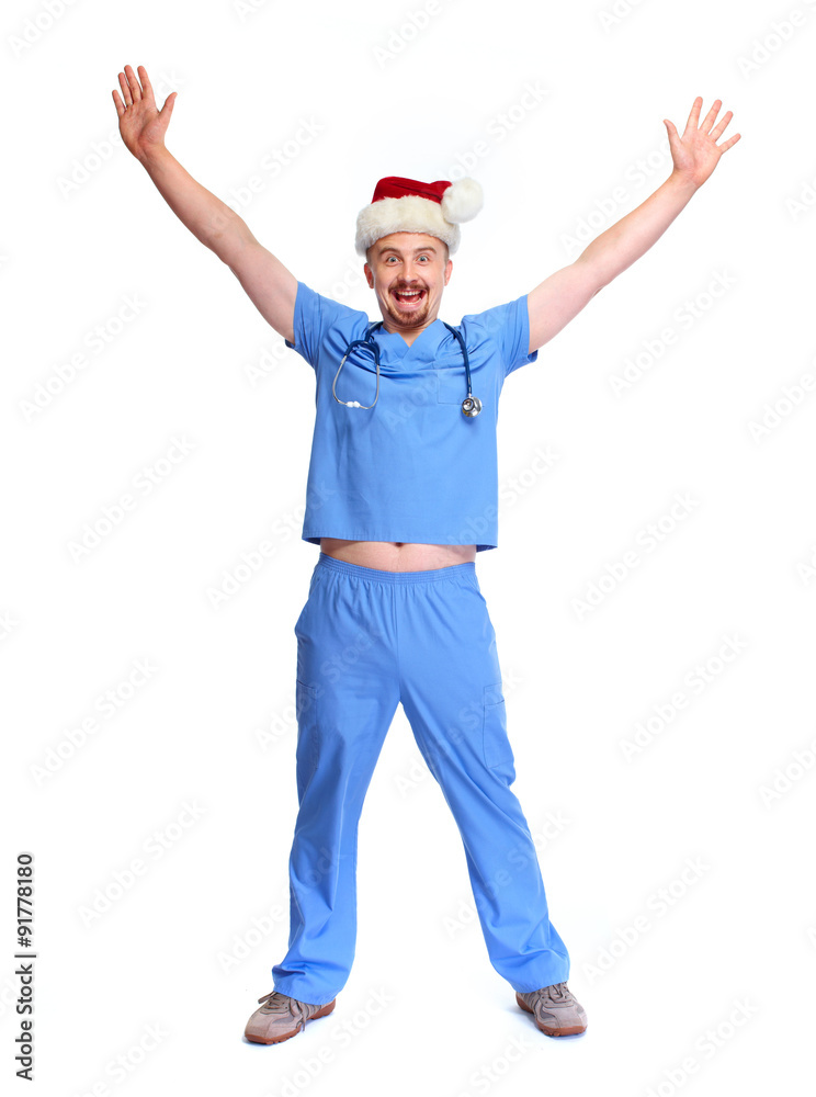 Happy excited Christmas santa doctor.