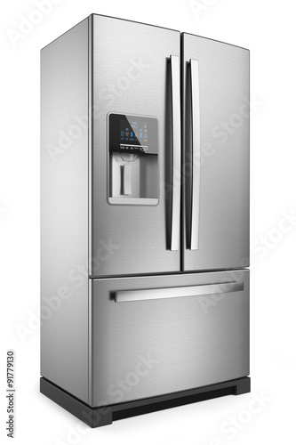 Home refrigerator. Silver home fridge isolated on white backgrou photo