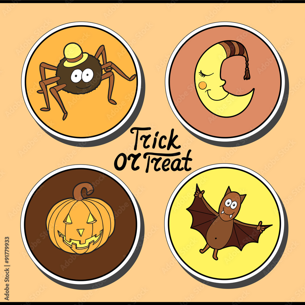 Fototapeta premium Set of halloween characters: spider in hat, smiling moon, pumpki
