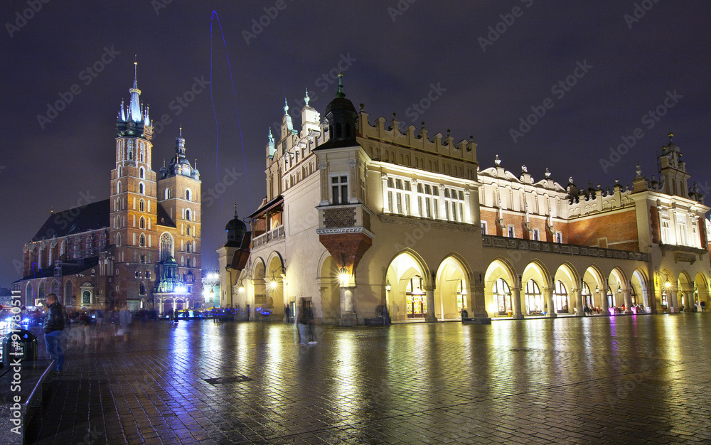 Kraków rynek starego miasta nocą - obrazy, fototapety, plakaty 