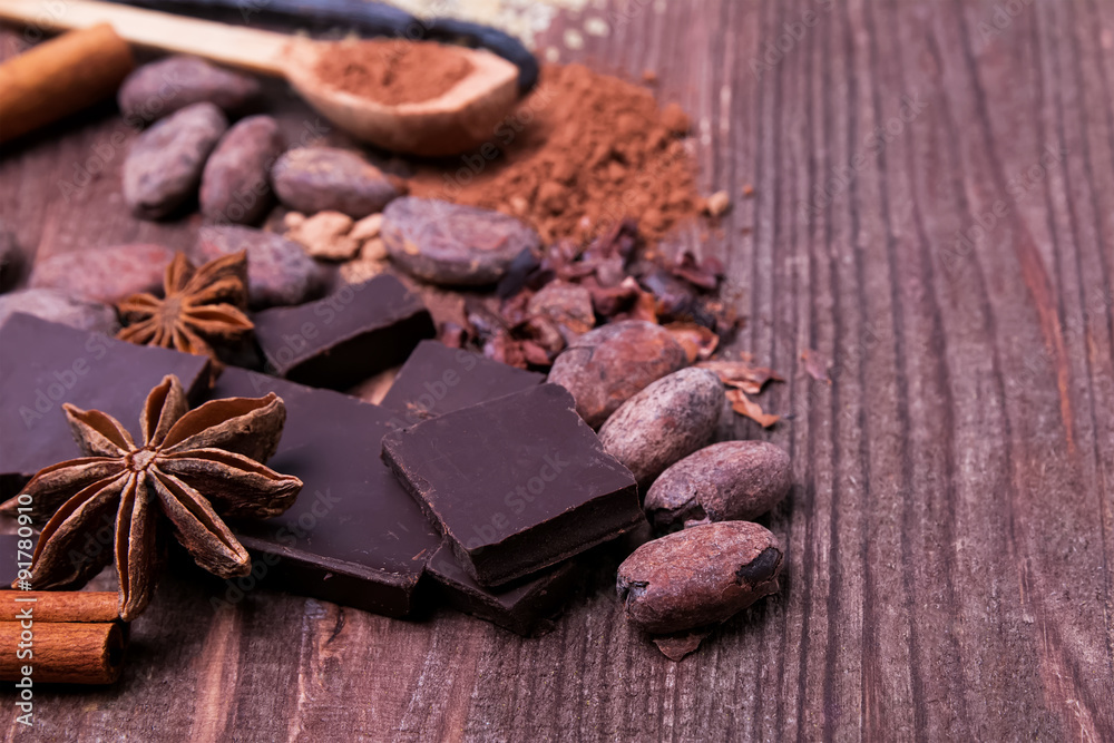Chocolate, cocoa beans and spices Chocolate, cocoa beans and spices