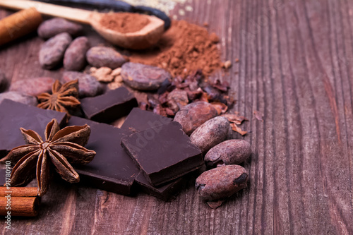 Chocolate, cocoa beans and spices