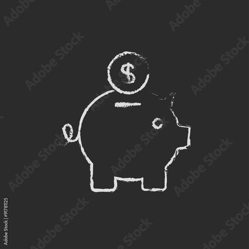 Piggy bank and dollar coin icon drawn in chalk.