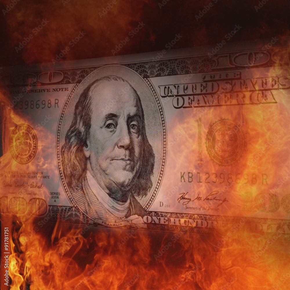 Naklejka premium burning dollar bill a symbol of world financial crisis