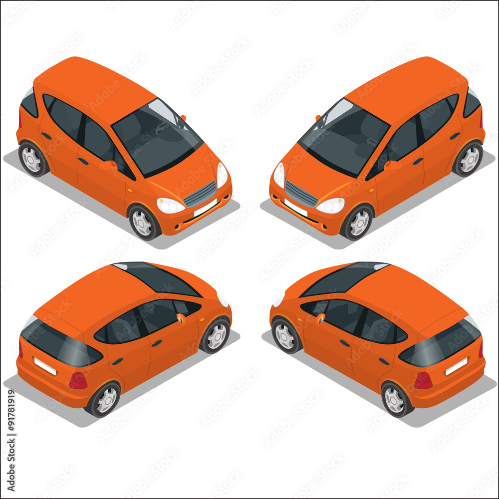 Naklejka premium Flat 3d isometric high quality city transport icon set. Orange car. Mini.