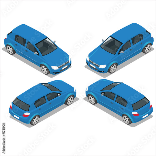 Flat 3d isometric high quality city transport icon set. Green car. Sedan automobile. 