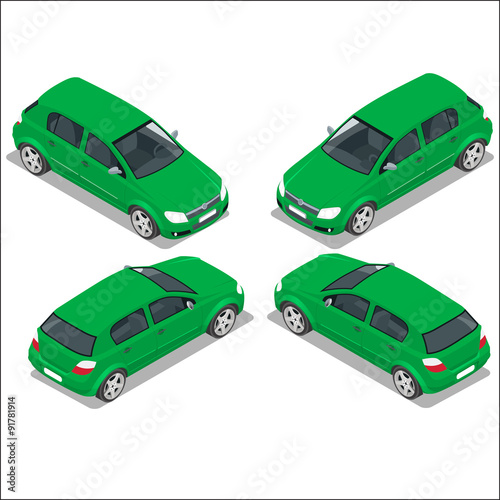Flat 3d isometric high quality city transport icon set. Green car. Sedan automobile. 